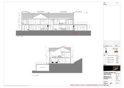 Snittegning (Snitt A og Snitt B) som viser bygningens tverrsnitt, høyder, romfordeling og konstruksjon.