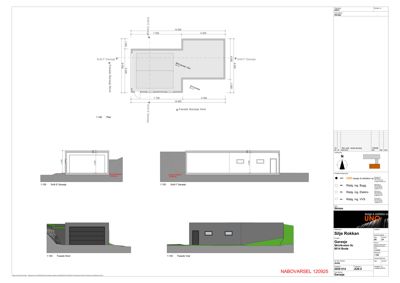 Dette bildet viser en fasadetekning for en garasje. Det inneholder både et planutsnitt (Plan) og to oppriss (Fasade Nord og Fasade Vest) som viser hvordan bygningen ser ut fra utsiden.