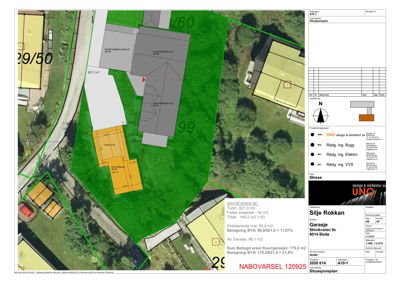 Situasjonsplan som viser tomtens grenser, eksisterende og nybygde hus/garasje, samt nabolag.