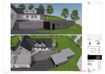 3D-visualisering (rendering) av en bolig og garasje sett fra ulike vinkler, inkludert terreng og trær.