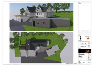 Bildet viser en 3D-visualisering (rendering) av en bolig og garasje sett fra utsiden, samt en situasjonsplan over tomten. Det er også en tegningsliste og et stempel for 'NABOVARSEL' i bunnen.