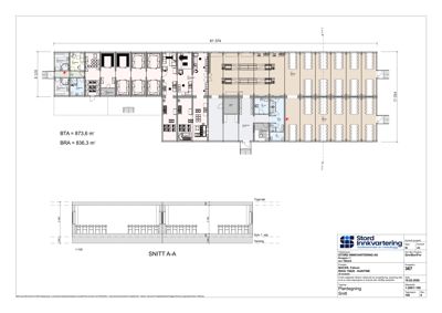 Bildet viser en plantegning (etasjeplan) for et bygg med romfordeling, samt en snittegning (SNITT A-A) under. Tegningen inneholder mål, arealoppdelinger (BTA/BRA) og et arkitekttegningssymbol.