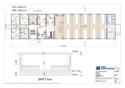 Bildet viser en plantegning (etasjeplan) og et snitt (A-A) av en kantinerom. Plantegningen viser romfordeling, mens snittet viser høydeforhold.
