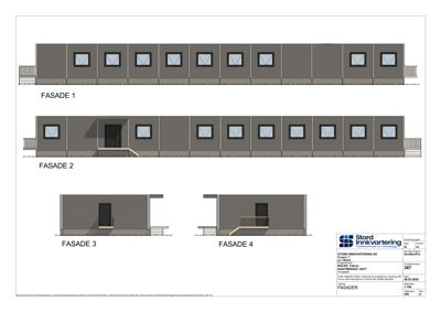 Fasadetegning som viser fire ulike sider (FASADE 1-4) av en containerleilighet.