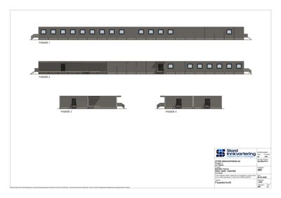 Fasadetegning som viser fire ulike sider (FASADE 1-4) av en modulær bygning.