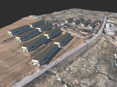 Situasjonsplan med 3D-modellering som viser plassering av flere bygninger på et tomt, med høydemarkeringer og infrastruktur.