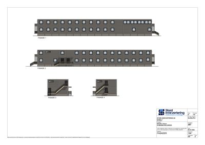 Fasadetegning som viser front- og sideutsikter på en bygning med vinduer og inngangsdører.