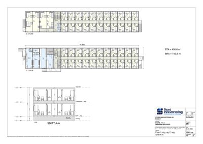 Snittegning (SNITT A-A) som viser tverrsnitt gjennom bygningen på 1. etasje og 2. etasje, inkludert romfordeling og høyder.