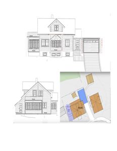 Bildet viser fasadetegninger (opprikk) av en bygning sett fra front og side, samt en situasjonsplan i nederste høyre hjørne.