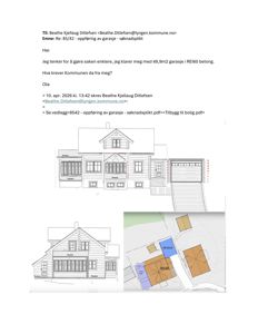 Bildet viser en tegning av fasaden på en bygning (sett fra fronten) og en situasjonsplan som viser bygningens plassering på tomten.