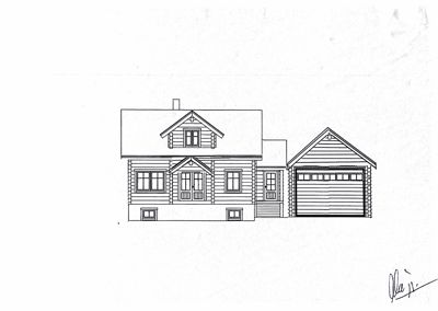 Fasadetegning som viser fronten på en hytte med garasje.