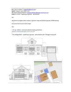 Bildet viser en tegning av en fasade (opprikk) på en bygning med en garasje, samt en situasjonsplan i nederste høyre hjørne.