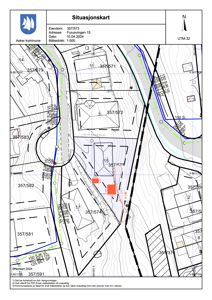 Situasjonskart som viser eiendomsnummer, adresse, naboeiendommer og topografi.