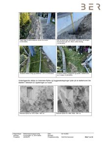 En rapport med flere fotografier som dokumenterer en støttemur, sprekker i grunnmuren og historiske flyfoto.