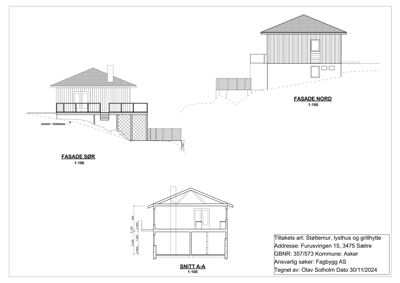 Bildet viser fasadetegninger (Fasade Sør, Fasade Nord) og en snittegning (Snitt A-A) av en bygning.