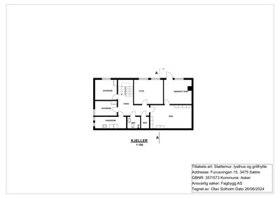 Etasjeplan for kjelleretasje med romfordeling (soverom, stue, bod, vaskerom, bad) og stige.