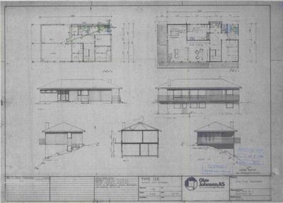 Bildet viser en tegning med fasadeoppvisninger (fra flere vinkler) og snitt av en bygning, samt et etasjeplan øverst.