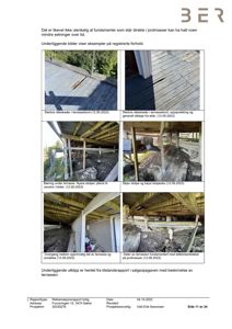 En samling fotografier som viser skader på en terrasse, inkludert råteskader i terrassebord og skjev stolpe.