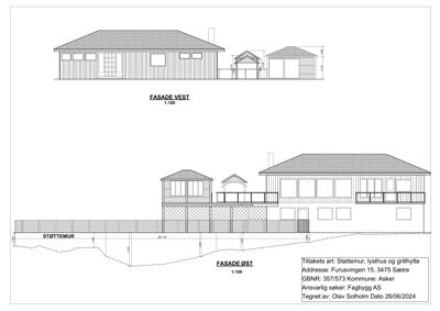 Bildet viser fasadetegninger for en bygning, spesifikt 'FASADE VEST' og 'FASADE ØST', med mål og detaljer.
