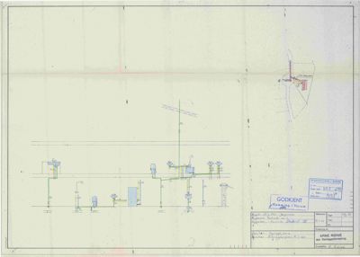 Teknisk tegning som viser rørleggingsanlegg (vann, avløp, oppvarming) med symboler for sanitet og varmeapparat.