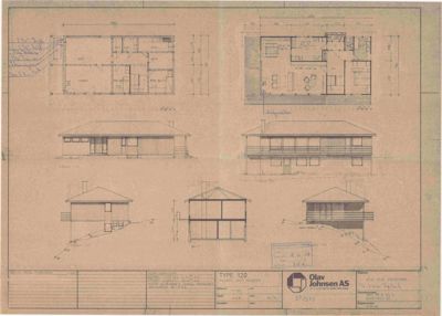 Bildet viser en tegning med etasjeplaner (floor plans) for en bolig, inkludert romfordeling og mål. Det er også inkludert fasadetekninger og snitt, men hovedfokuset er på planløsningen.