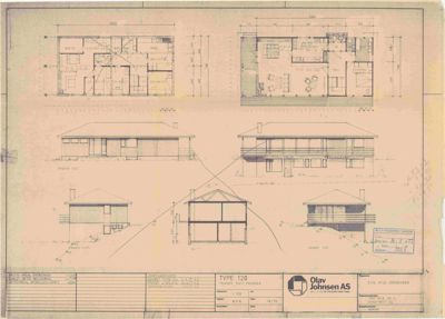 Bildet viser en tegning med etasjeplaner (romfordeling) og fasadetegninger for en bygning.