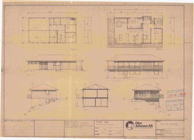 Bildet viser en tegning med fasadeoppriks (fra flere vinkler) og et snitt av en bolig, samt et etasjeplan. Det er en kombinasjon av tegningstyper, men fasadeoppriksene dominerer.
