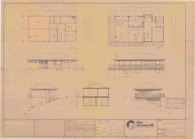 Bildet viser en tegning med fasadeopprikk (framside og bakside) av en bolig, samt et snitt og et etasjeplan. Det er en typisk tegningssamling for en byggesak.