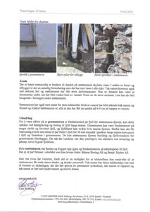 Bildet viser tre fotografier av skader på en støttemur, inkludert sprekk og skjeve pilarer, samt en tekstbeskrivelse av årsak og utbedring.