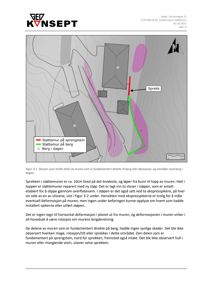 Situasjonsplan eller skisse som viser en støttemur, sprekk i muren, og områder med berg og løsmasser i forhold til bygningen.