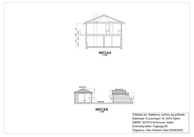 Bildet viser snittegninger (SNITT A-A og SNITT B-B) av en bygning, inkludert mål og detaljer.