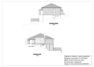 Bildet viser fasadetegninger for en bygning, spesifikt 'FASADE NORD' og 'FASADE SOR', med målstørrelse 1:100.
