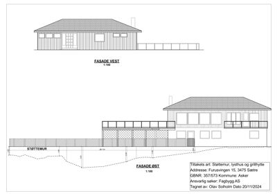 Bildet viser fasadetegninger for en bygning, inkludert 'FASADE VEST' og 'FASADE ØST', samt en støttemur.