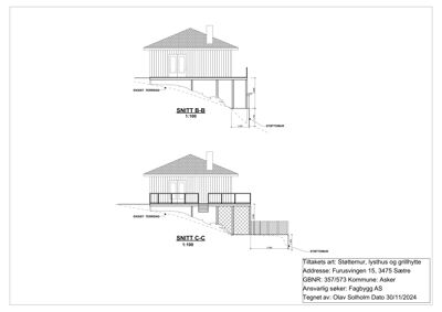 Tegning som viser to snitt (SNITT B-B og SNITT C-C) av en bygning, inkludert høydeangivelser og terrengforhold.