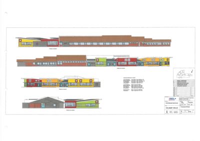 Fasadetegning som viser bygningens utseende fra ulike vinkler (for, bak, side og front).