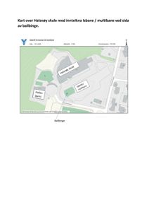 Kart over Halsnøy skule med innteikna Isbane / multibane ved sida av ballbinge.