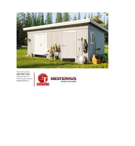 Fotografi av en ferdig bygget uthus eller garasje med to dører, plassert på en grønn hagebakgrunn.