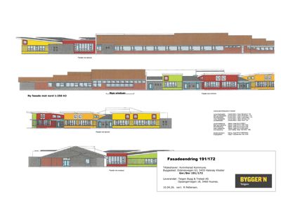 Fasadetegning som viser bygningens utsyn fra flere vinkler (mot sørsøst, nord, vest og øst) med fargeindikasjoner for materialer.