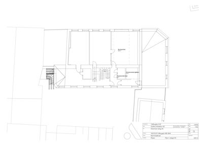 Etasjeplan (Plan 2. etasje NY) som viser romfordeling, trapper og veggkonstruksjoner.