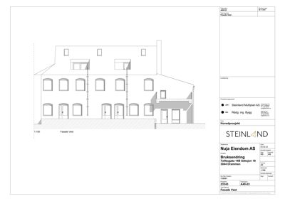 Fasadetegning av bygning sett fra vest.