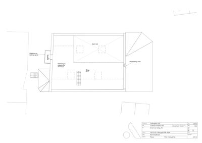Etasjeplan som viser romfordeling, veggkonstruksjoner og inngangspunkt.