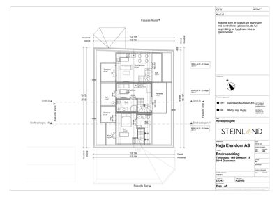 Etasjeplan (loft) med romfordeling, dimensjoner og snittreferanser.