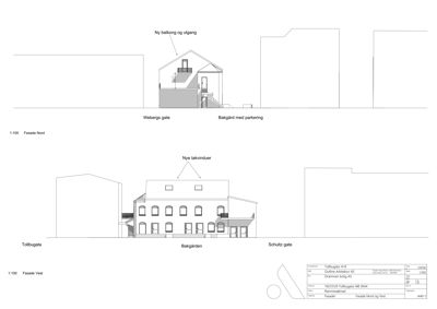 Bildet viser to fasadetegninger (Nord og Vest) av en bygning med merking av nye inngangspunkter og vinduer.
