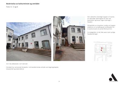 Fotografier av en bygning og omgivelsene, inkludert trapper og fasade, med tilhørende tekstbeskrivelse.