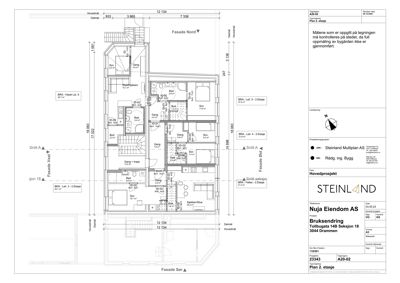 Etasjeplan (Plan 2. etasje) som viser romfordeling, stueplan og dimensjoner for en bygning.