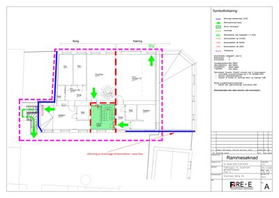 Etasjeplan (boligplan) med romfordeling, brannvegger og brannskillemerker