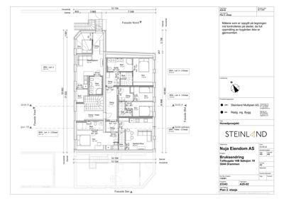 Etasjeplan (Plan 2. etasje) som viser romfordeling, stueplan og mål for en bygning.