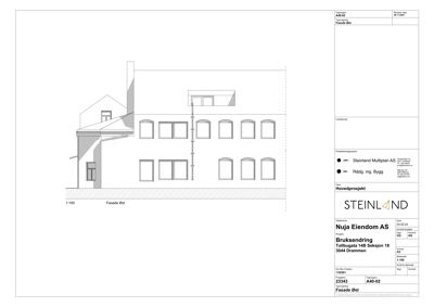 Fasadetegning som viser bygningens utseende sett fra øst.