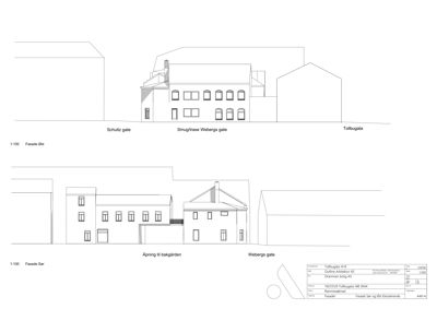 Fasadetegning som viser bygningens utseende sett fra to ulike vinkler (Fasade Øst og Fasade Sør) med gatene rundt.