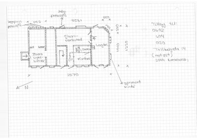 Et håndtegningsplan over et hus eller en leilighet, som viser romfordeling, dører, vinduer og mål.